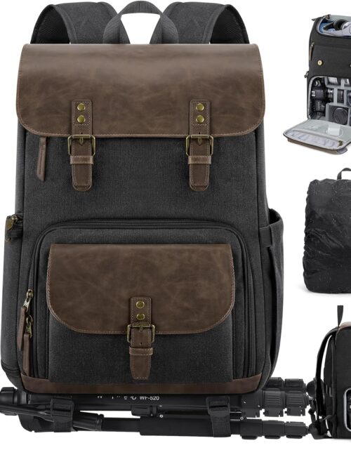 RAINSMORE Camera Bag Professional for DSLR/SLR Mirrorless Waterproof 15.6 Inch Laptop Photography Backpack with Side Access Rain Cover Tripod Holder Large Anti-Theft Camera Backpacks for Photographers