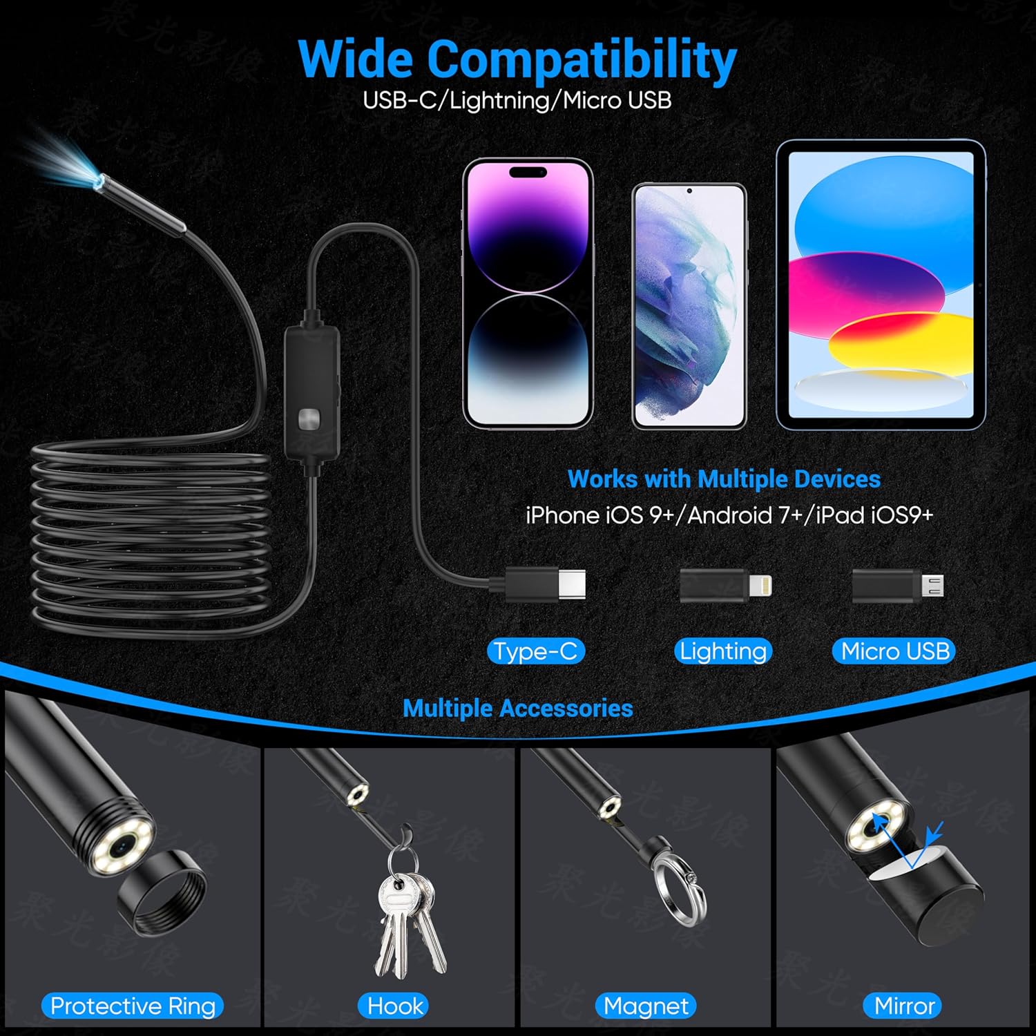 Endoscope Camera with Light,1920P HD Borescope with 8 Adjustable LED Lights, Endoscope with Semi-Rigid Snake Cable, IP67 Waterproof Inspection Borescope for iOS and Android-16.4ft Single Lens - Image 5