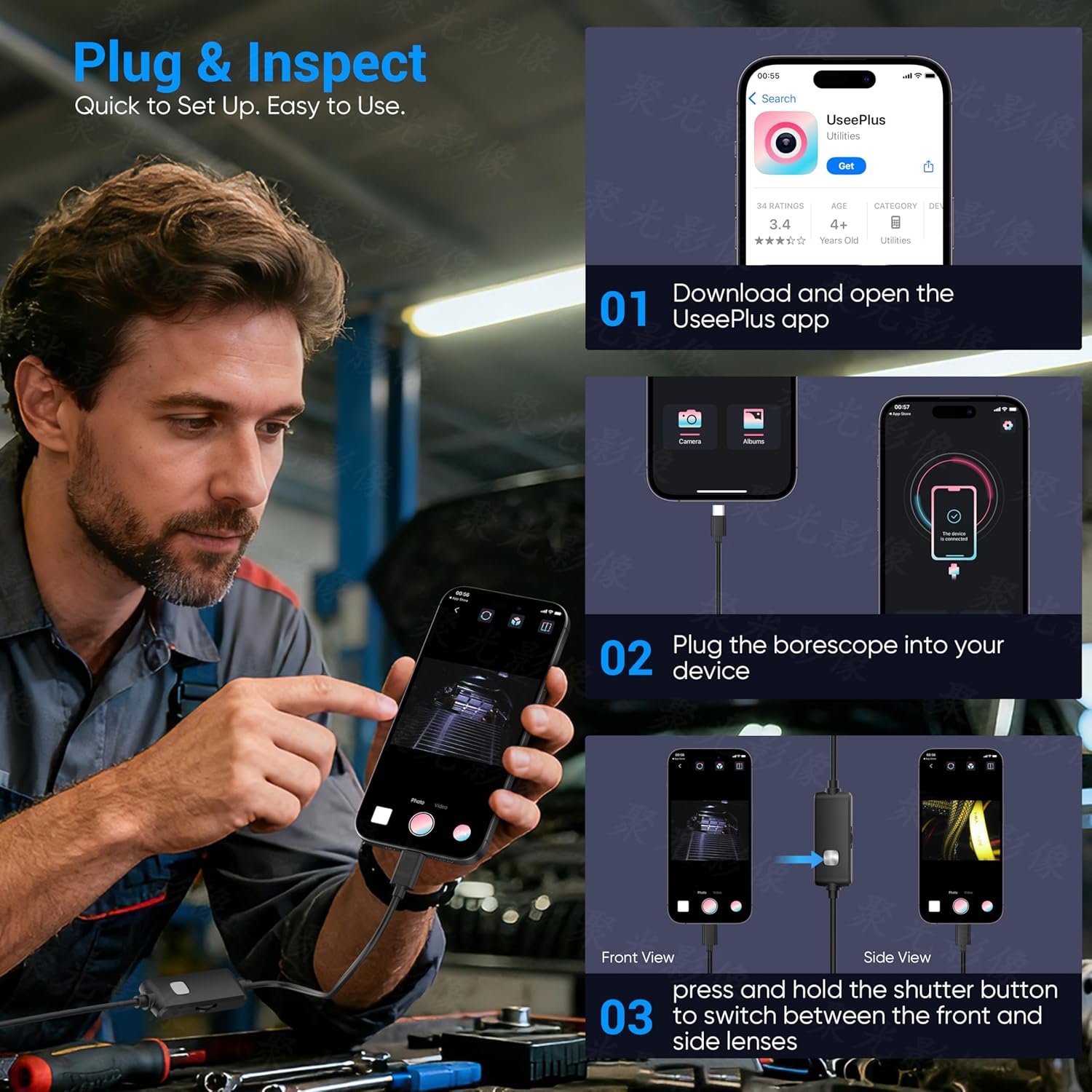 Endoscope Camera with Light,1920P HD Borescope with 8 Adjustable LED Lights, Endoscope with Semi-Rigid Snake Cable, IP67 Waterproof Inspection Borescope for iOS and Android-16.4ft Single Lens - Image 7