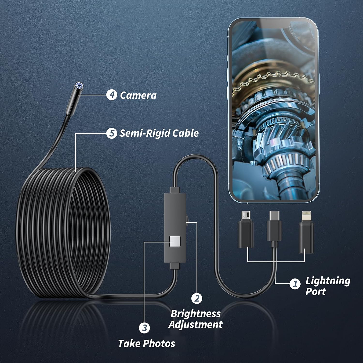 Kinpthy Endoscope Camera with Light,1920P HD Borescope Tools with 8 Adjustable LED Lights, Endoscope with Semi-Rigid Snake Camera, Inspection Borescope for iOS and Android-16.4ft Single Lens - Image 2