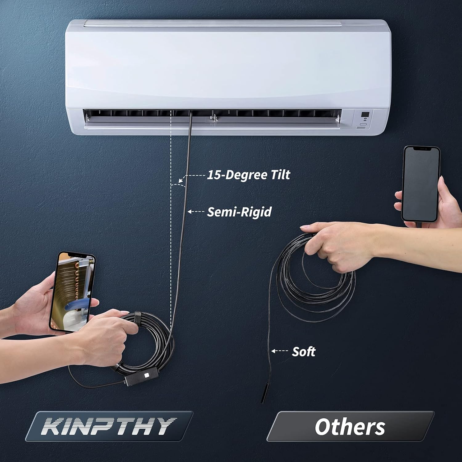 Kinpthy Endoscope Camera with Light,1920P HD Borescope Tools with 8 Adjustable LED Lights, Endoscope with Semi-Rigid Snake Camera, Inspection Borescope for iOS and Android-16.4ft Single Lens - Image 3