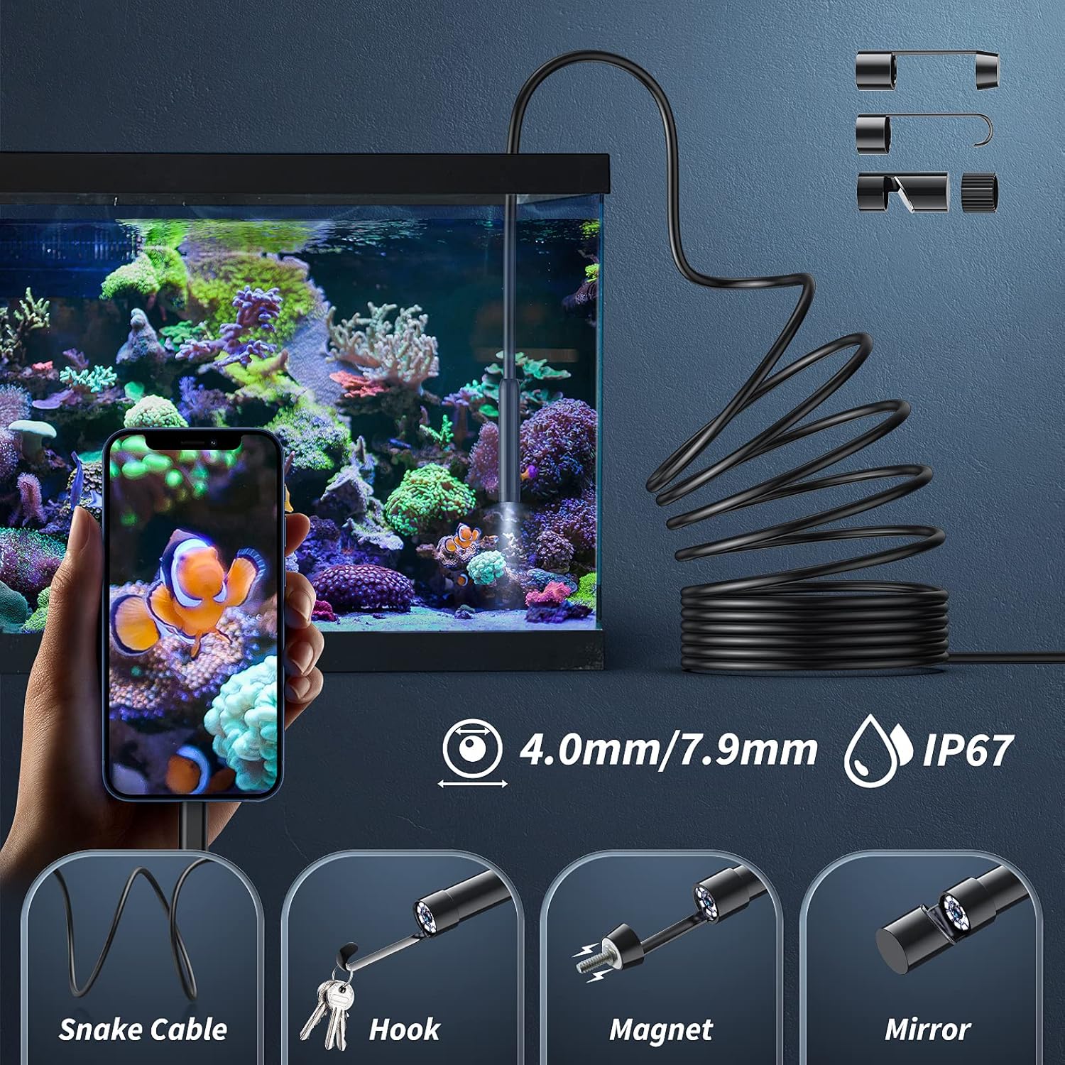 Kinpthy Endoscope Camera with Light,1920P HD Borescope Tools with 8 Adjustable LED Lights, Endoscope with Semi-Rigid Snake Camera, Inspection Borescope for iOS and Android-16.4ft Single Lens - Image 4