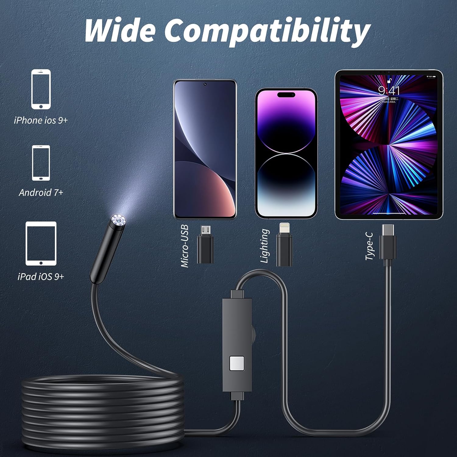 Kinpthy Endoscope Camera with Light,1920P HD Borescope Tools with 8 Adjustable LED Lights, Endoscope with Semi-Rigid Snake Camera, Inspection Borescope for iOS and Android-16.4ft Single Lens - Image 6