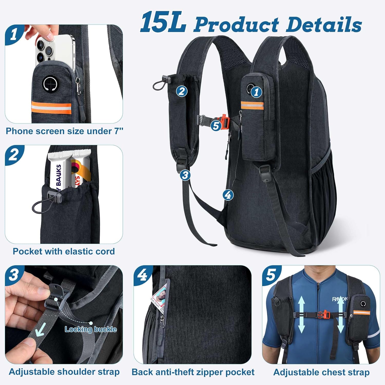 BECOJADDE 15L Small Hiking Backpack for Men Women Foldable Packable Back Pack Ultralight Hiking Daypack for Travel Camping Outdoor, Black - Image 2