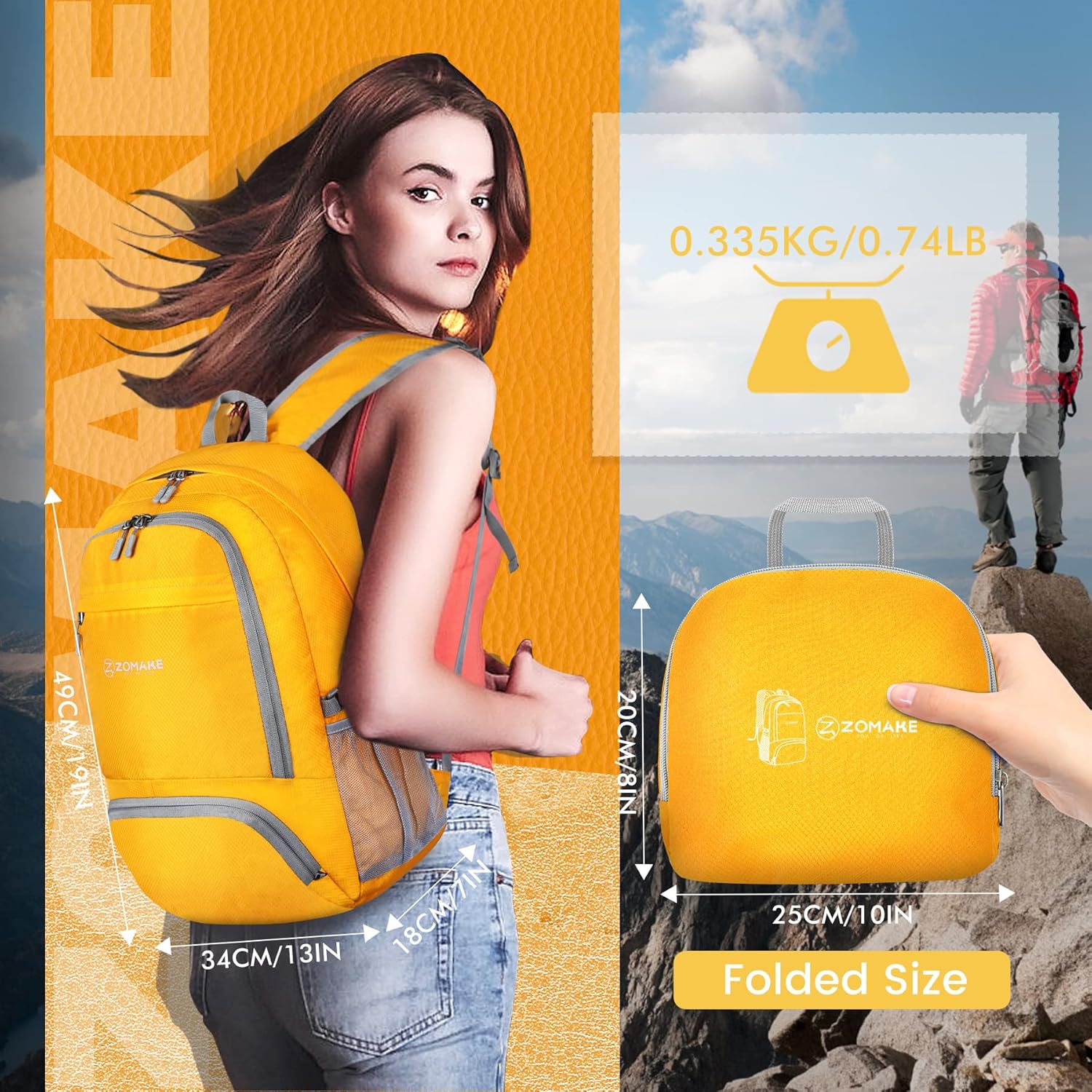 ZOMAKE Lightweight Packable Backpack 30L, Foldable Hiking Backpacks Water Resistant Compact Folding Daypack for Travel(Yellow) - Image 2