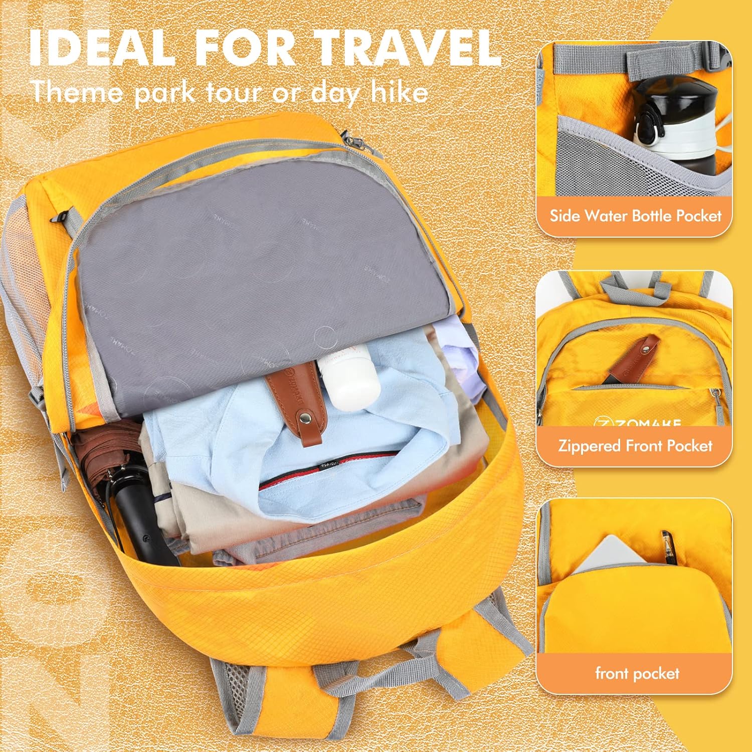 ZOMAKE Lightweight Packable Backpack 30L, Foldable Hiking Backpacks Water Resistant Compact Folding Daypack for Travel(Yellow) - Image 4